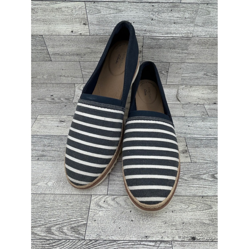 Clarks Collection‎ Comfort Navy Striped Canvas Slip On Loafers Women Sz 10M
